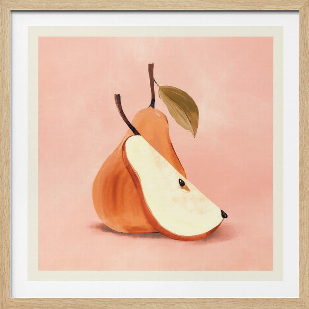 A painterly still life illustration of a whole orange pear and a cut pear slice set against a textured light pink background, all enclosed in a natural wood frame. Decor