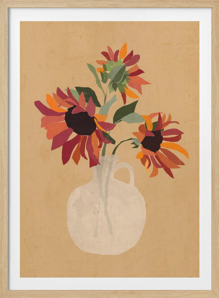 A framed artwork depicting a stylized bouquet of three sunflowers in a translucent white jug vase. The flowers are made of cutout shapes in shades of red, orange, and pink with dark centers, set against a textured beige background. Poster