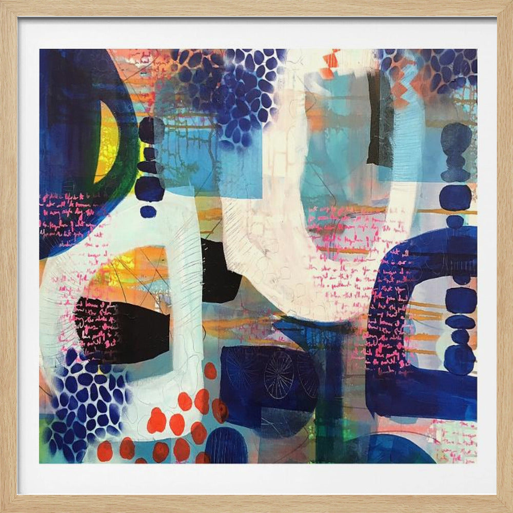 A vibrant and complex abstract painting in a light wood frame, featuring a layered composition of bold shapes in various shades of blue, accented by orange, red, and yellow. The artwork includes multiple patterns like polka dots, honeycomb textures, and script-like scribbles, creating a dynamic and multi-textured piece. Poster