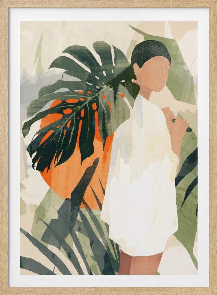 A modern, painterly illustration of a faceless figure with dark hair wearing a white shirt, standing amidst lush green tropical leaves. A large monstera leaf is prominent, set against a vibrant orange circle that resembles a sun. Artwork