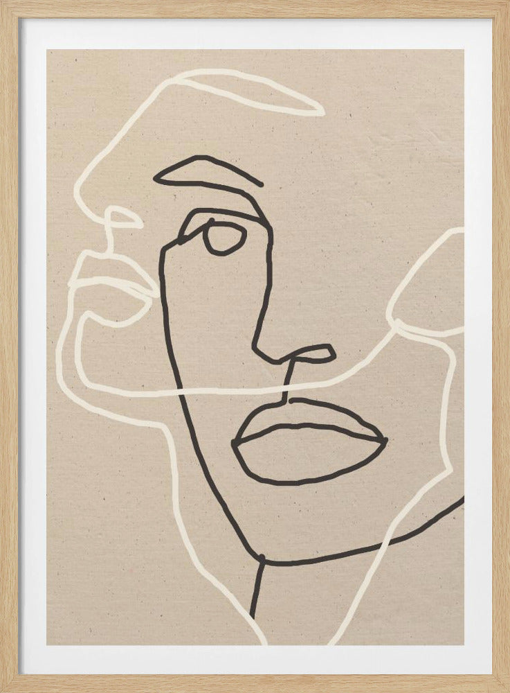 An abstract line art poster in a black frame, featuring overlapping black and white continuous lines that form the silhouette and features of a face against a muted beige, textured background. Print