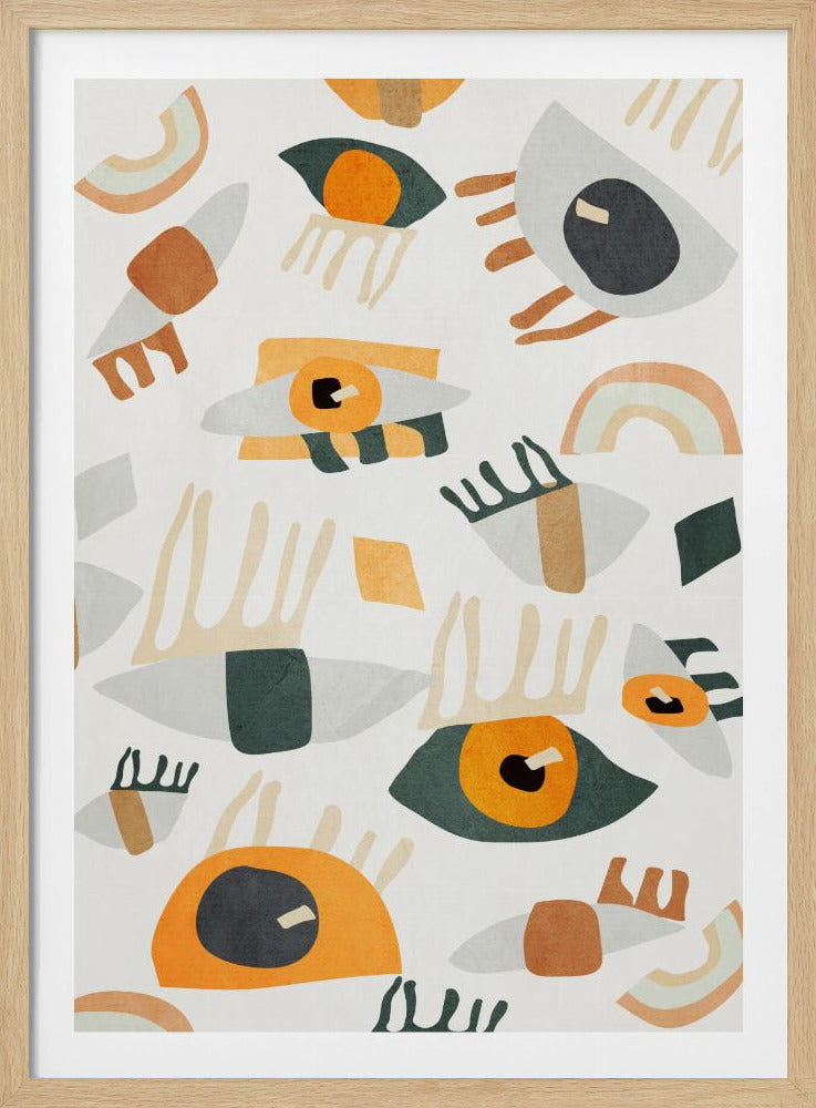 Abstract art print featuring stylized and expressive eyes, suitable for a poster. Poster