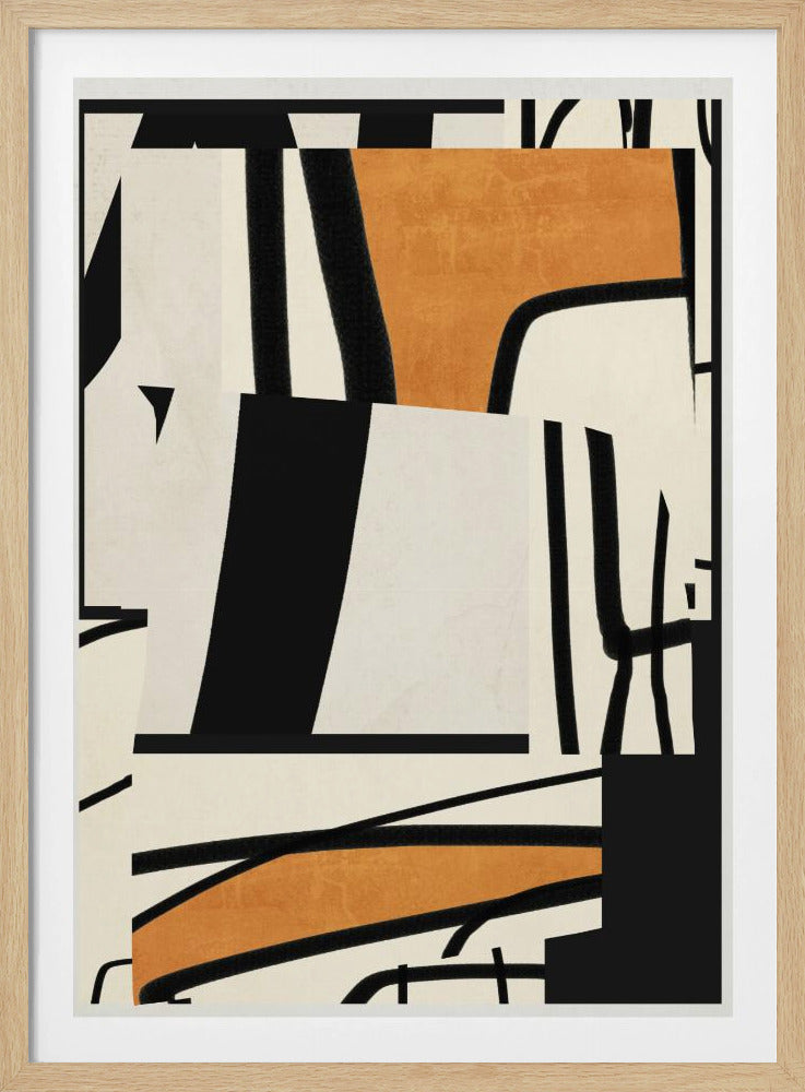 An abstract collage-style artwork in a black frame, featuring a composition of layered shapes in cream, black, and a textured warm orange, intersected by bold, black brushstroke-like lines. Wall Art