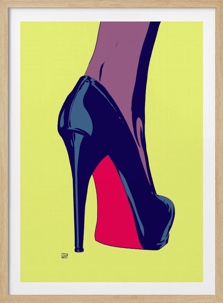 A pop art style illustration of a person's foot in a shiny, dark blue stiletto high heel with a striking red sole, set against a solid lime green background and framed in black. Decor