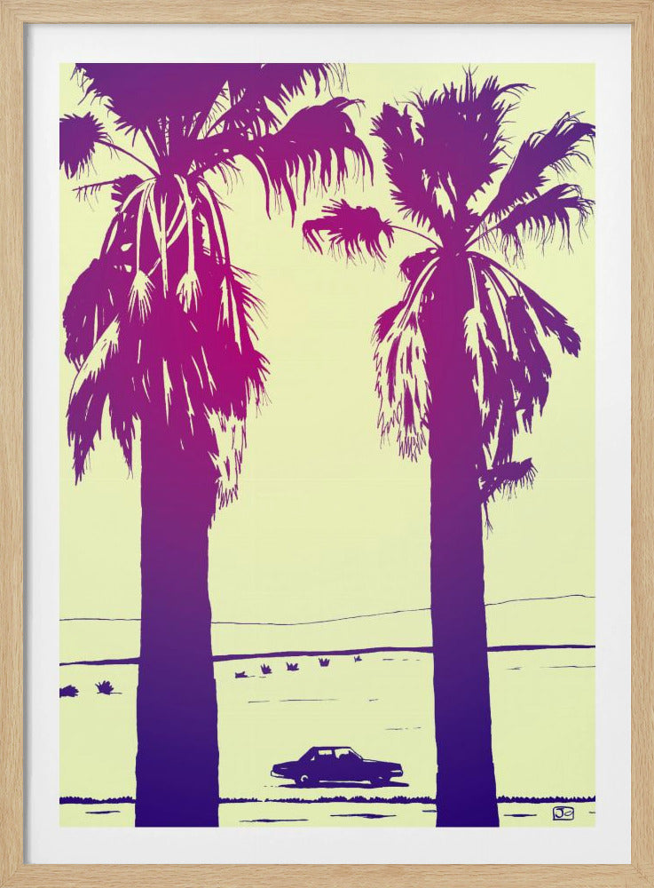 A pop art style illustration of two large palm trees silhouetted in a vibrant purple and magenta gradient against a pale yellow sky. A vintage car is parked in the desert landscape in the background, all within a thin black frame. Decor