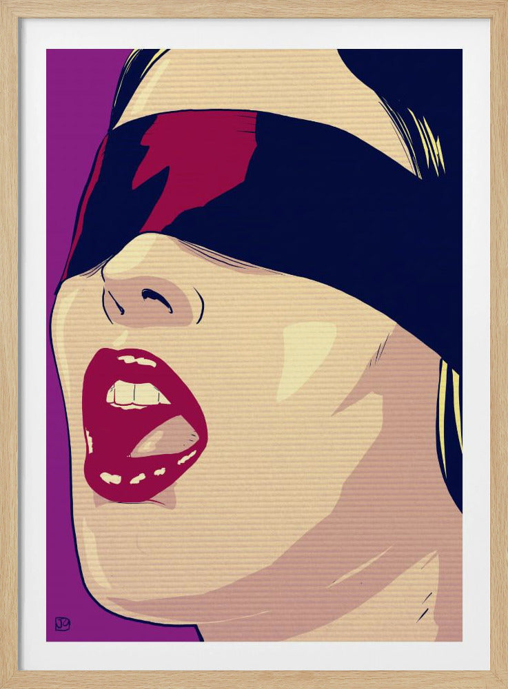 A vibrant pop art illustration of a blindfolded woman's face in close-up. Her head is tilted back, and her mouth is open, revealing bright red lips and teeth. The background is a solid purple, and the entire piece is framed in black. Decor