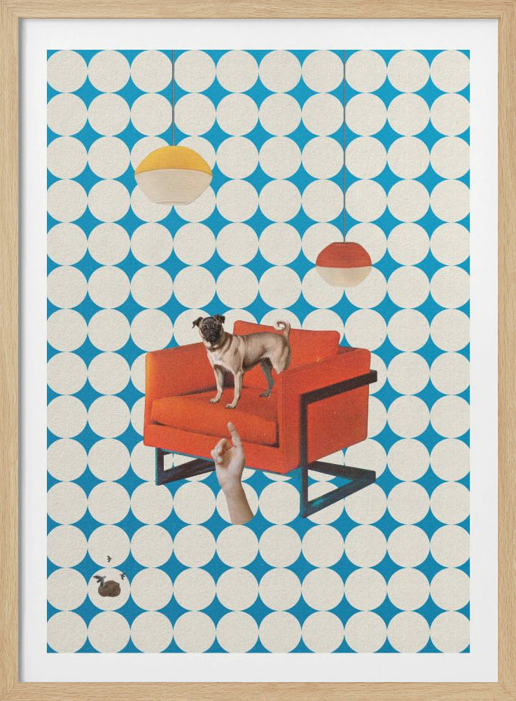 A surreal collage featuring a pug standing on a bright orange armchair against a blue and white geometric circle-patterned wallpaper. A disembodied hand points up from below the chair, and two mid-century modern pendant lights hang from the ceiling. Print