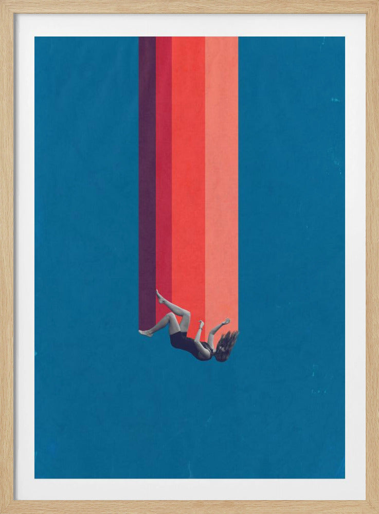 A surreal digital collage depicting a woman in a black leotard falling backwards against a vibrant blue background, with a vertical waterfall of red, orange, and purple stripes descending from the top of the frame. Decor