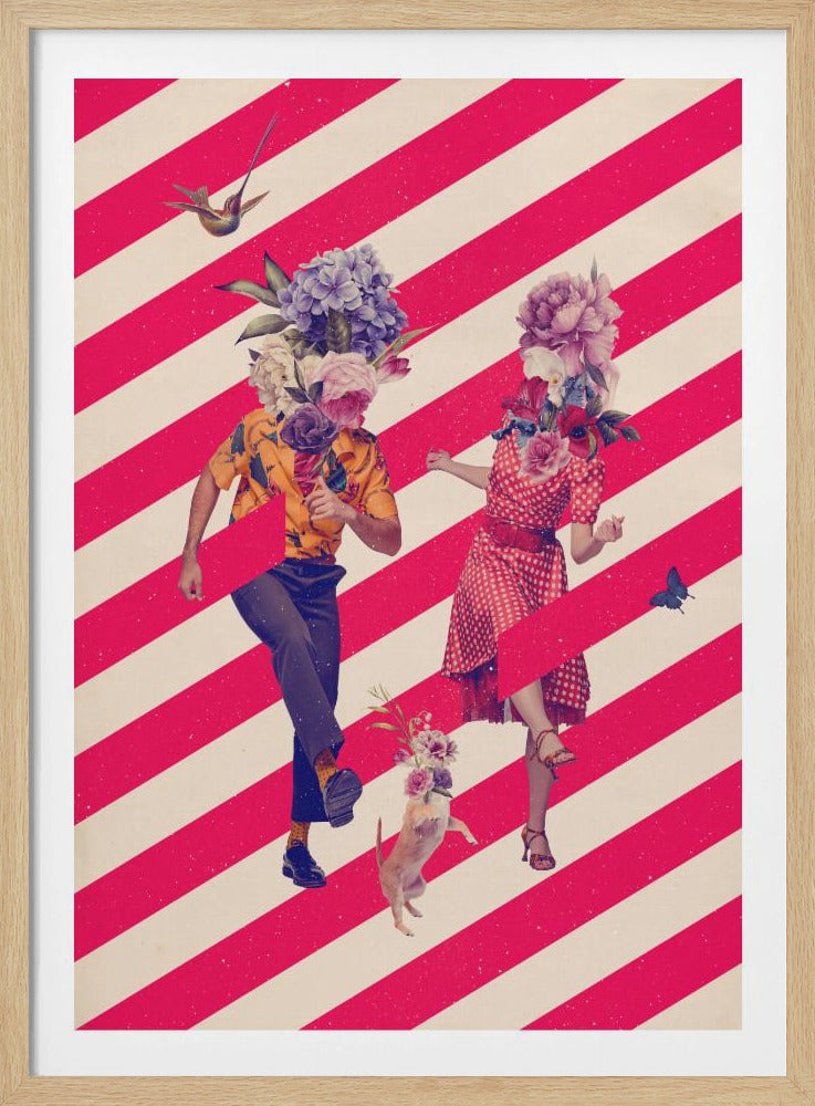 A surreal collage featuring a man and woman dancing with their heads replaced by bouquets of flowers. They are set against a background of bold red and cream diagonal stripes, accompanied by a small dancing dog also crowned with flowers, a hummingbird, and a butterfly. Artwork