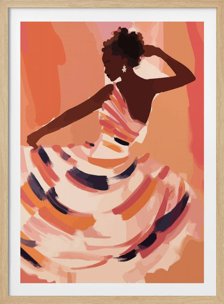 An abstract illustration of a Black woman in profile, with her hair in an updo. She wears a flowing, one-shoulder dress adorned with colorful brushstrokes of orange, pink, and dark blue. She holds her skirt with one hand and has the other behind her head, posed as if dancing against a warm, painterly orange and pink background. Wall Art