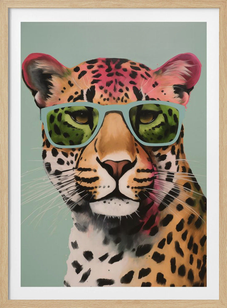 A colorful, modern painting of a leopard wearing light blue sunglasses. The leopard has pink and orange fur with black spots and looks directly at the viewer against a solid teal background. Print