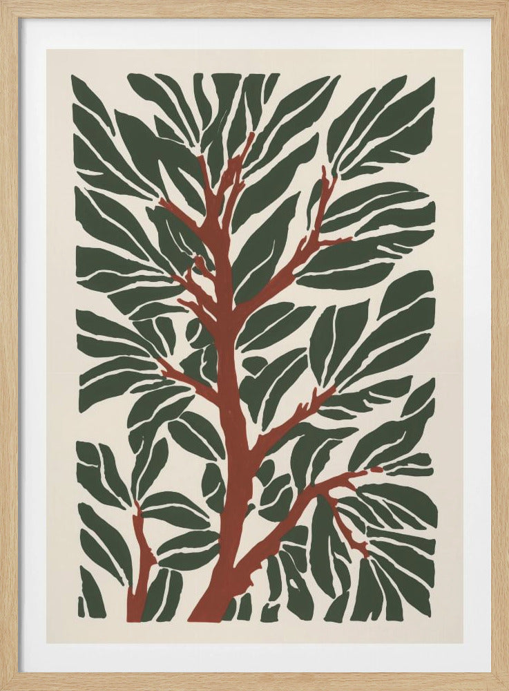 A graphic art print of a stylized tree with a reddish-brown trunk and branches. The leaves are a dark hunter green, depicted in a bold, block-print style against a light cream background, all enclosed in a thin black frame. Print