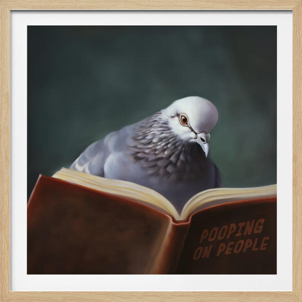A humorous painting of a grey and white pigeon intently reading an open book titled 'Pooping on People', set against a dark green background and framed in light wood. Print
