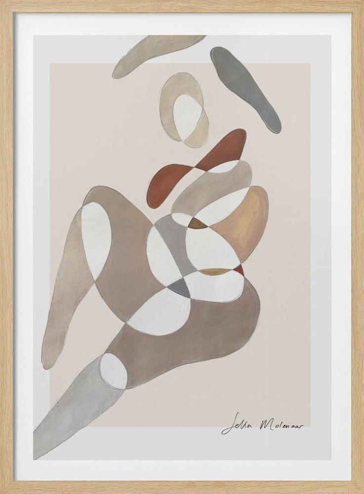 An abstract painting by Jetta Molenaar in a black frame, featuring a composition of overlapping, organic shapes in muted earth tones like brown, grey, and beige against a pale pinkish-beige background. The shapes vaguely suggest a reclining human figure. Artwork
