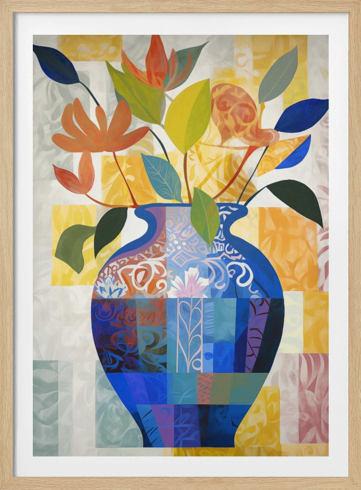 An abstract still life painting featuring a large blue vase with a patchwork of various patterns and colors. The vase holds a bouquet of stylized orange flowers with green, yellow, and blue leaves. The background is a geometric pattern of yellow, orange, and white squares. Print
