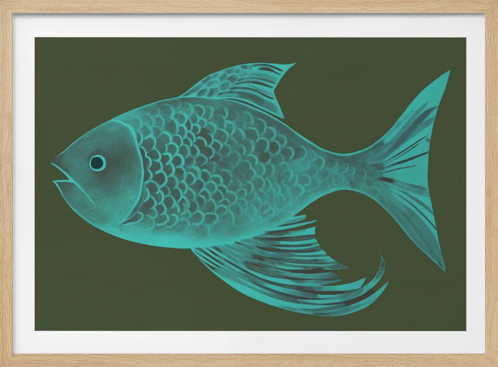 A stylized illustration of a fish in profile, rendered in glowing shades of turquoise against a solid dark olive green background. The artwork is presented within a simple, thin silver frame. Poster