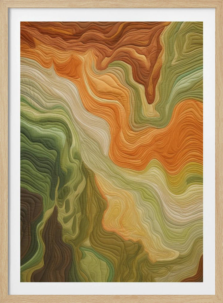 A framed abstract textile artwork featuring flowing, contoured layers of fabric in earthy tones of orange, green, brown, and cream. The piece is heavily stitched along the contours, creating a textured, three-dimensional effect reminiscent of a topographical map or geological strata. Poster