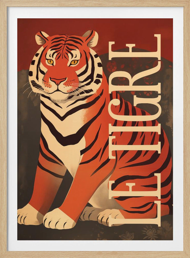 A stylized art print of a seated orange tiger with black stripes and yellow eyes, looking directly at the viewer against a red and dark grey background. The French words 'LE TIGRE' run vertically down the right side in a large, cream-colored serif font. Decor