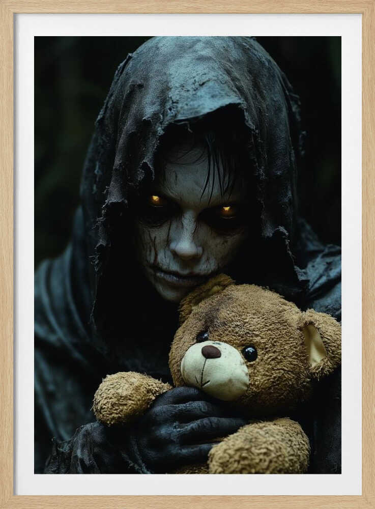 A creepy, hooded figure with glowing yellow eyes and a scarred face holds a well-loved brown teddy bear, creating a stark contrast between horror and innocence in a dark, moody setting. Wall Art