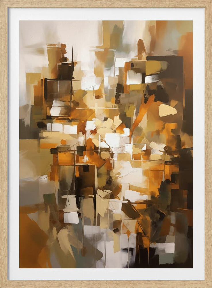 An abstract painting in a black frame, featuring a dynamic composition of geometric shapes in a warm color palette of brown, orange, beige, and white. The layered forms and visible brushstrokes create a sense of depth and an urban, architectural feel. Poster
