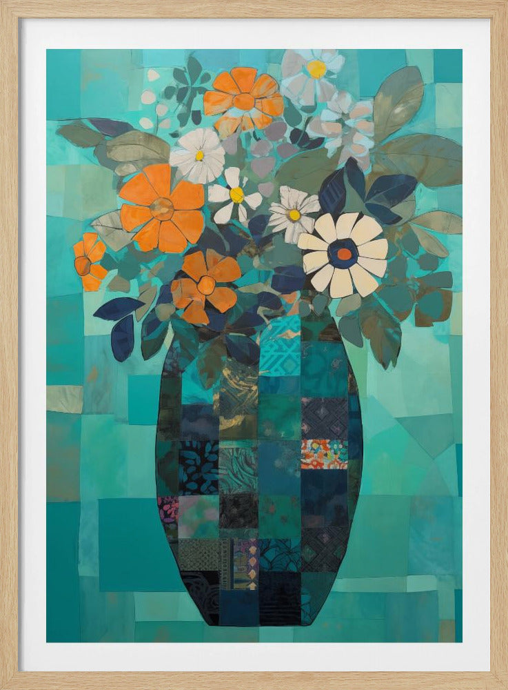 A framed modern painting of a bouquet of flowers in a vase against a teal background. The vase is made of a patchwork of different patterned blue and green squares. The flowers are stylized, with prominent orange and white daisies, surrounded by dark green leaves. The overall style is collage-like and geometric. Wall Art