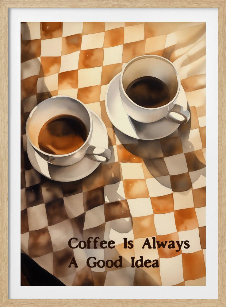 A watercolor-style painting of two white coffee cups on saucers, filled with black coffee, resting on a brown and white checkered tablecloth. The perspective is from above, and the text 'Coffee Is Always A Good Idea' is written in a brown font at the bottom of the image, which is enclosed in a black frame. Print