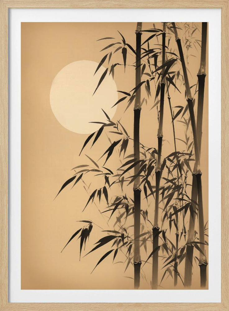 A traditional Asian-style ink wash painting of a bamboo grove against a solid beige background. A large, pale, circular sun or moon hangs in the upper left corner. The artwork is presented in a simple black frame. Artwork
