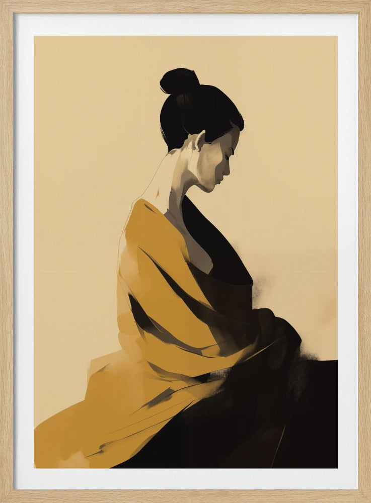 A minimalist illustration of a woman in profile with her head bowed. She has black hair in a bun and is wearing a flowing ochre-yellow garment against a plain beige background, creating a contemplative and serene mood. Print