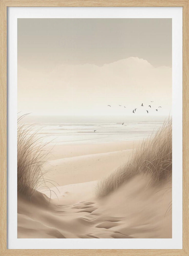 A serene painting of a beach viewed from between two large sand dunes covered in tall, dry grass. A sandy path leads towards the calm ocean with gentle waves. A flock of birds flies in the distance under a pale, hazy sky, all rendered in a soft, neutral beige and gray color palette. Poster