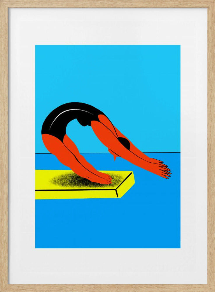 A minimalist graphic illustration of a female diver in a black one-piece swimsuit, her body arched over a bright yellow diving board. The background is a solid, vibrant blue, representing the water and sky. Artwork
