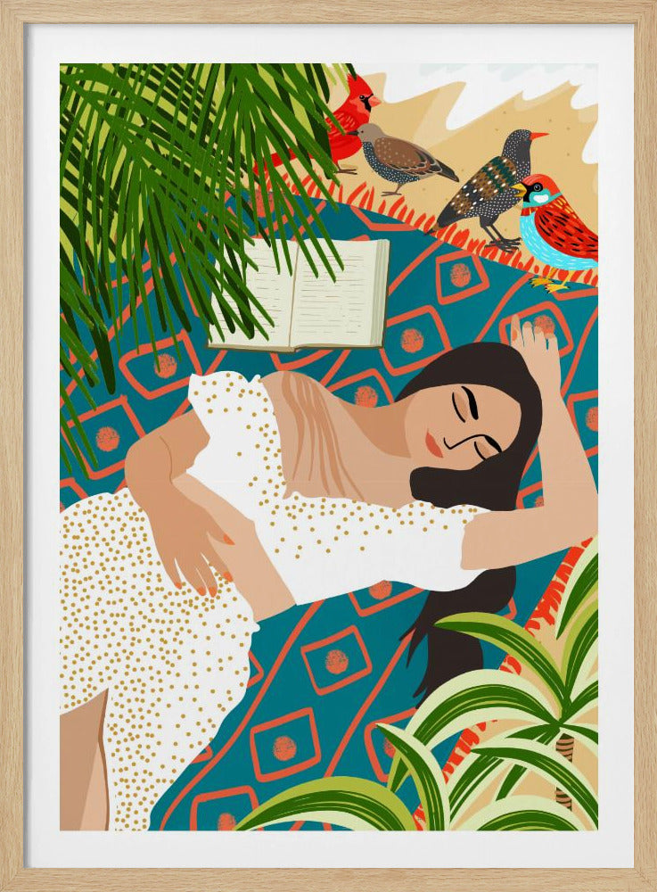 A vibrant illustration of a woman in a white dotted dress sleeping on a patterned teal and orange blanket on a beach. An open book lies beside her, while several colorful birds, including a red cardinal, stand nearby. Large green palm leaves frame the scene. Decor