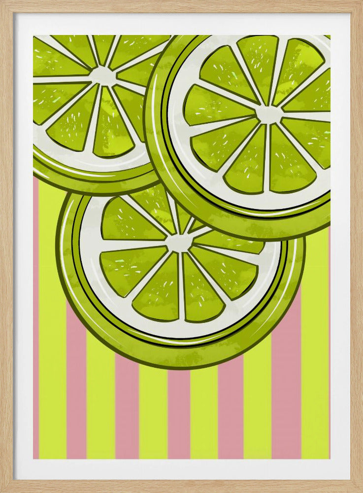 A vibrant pop art style illustration of three oversized green lime slices with white pith, overlapping against a background of vertical pink and lime-green stripes, all within a black frame. Artwork