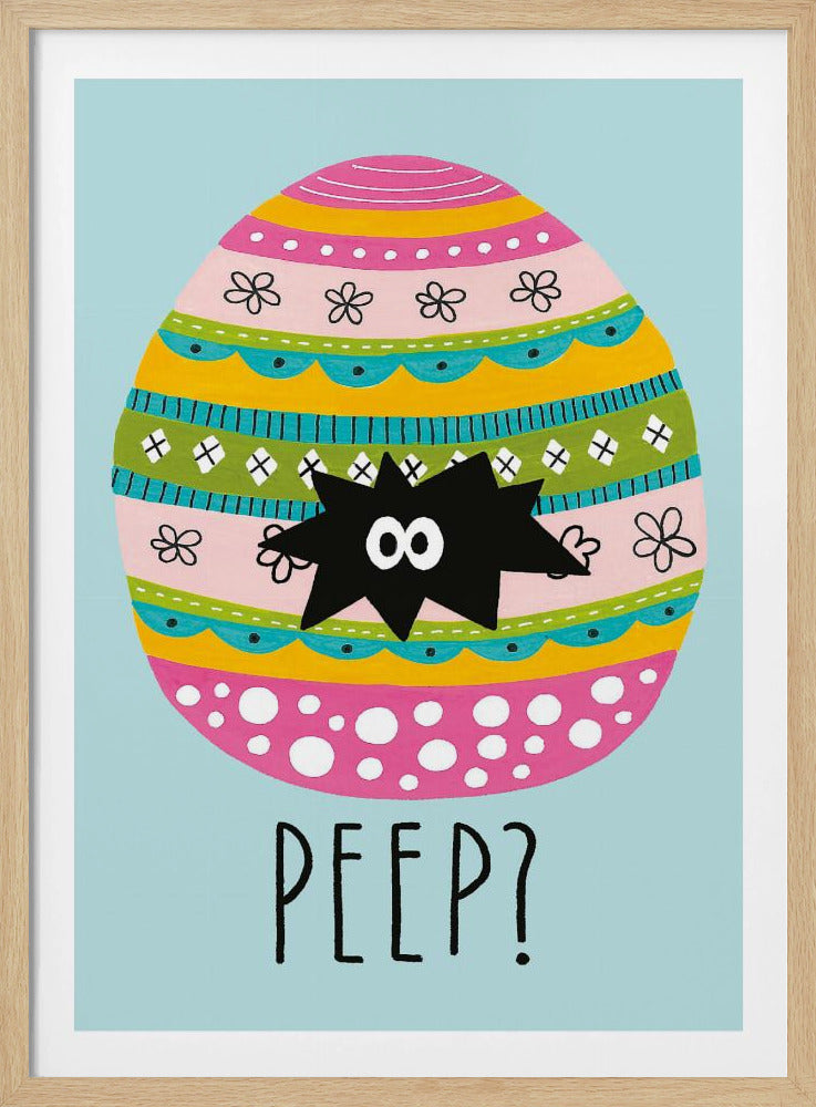 A whimsical illustration of a colorful Easter egg with pink, yellow, and green stripes on a light blue background. A spiky black creature with big eyes is hatching from the middle. Below, the word 'PEEP?' is written in a playful font. Artwork