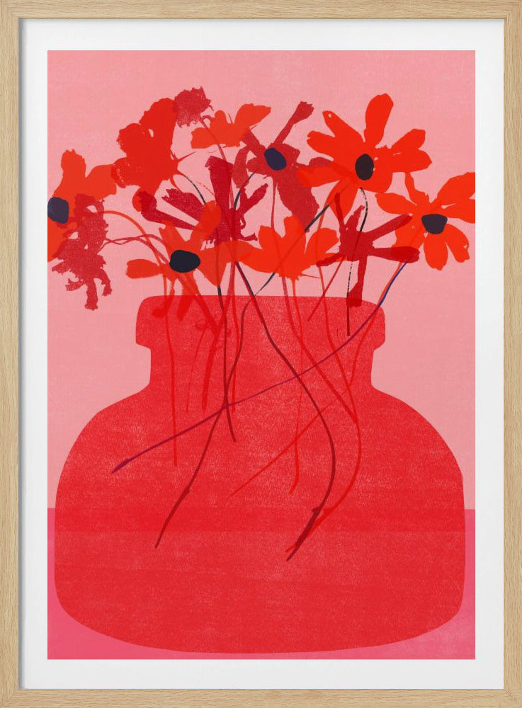 A stylized illustration of vibrant red flowers with dark centers in a large red vase against a two-toned pink background. The artwork has a textured, blocky, modern aesthetic and is presented within a thin black frame. Decor