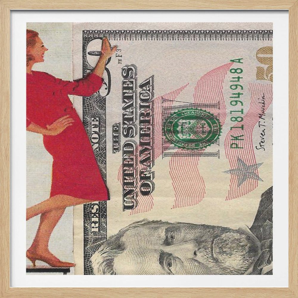 A framed collage artwork showing a woman in a vintage red dress posing against a giant fifty-dollar bill. She leans on the number '50', with the portrait of Ulysses S. Grant visible at the bottom of the bill. Wall Art