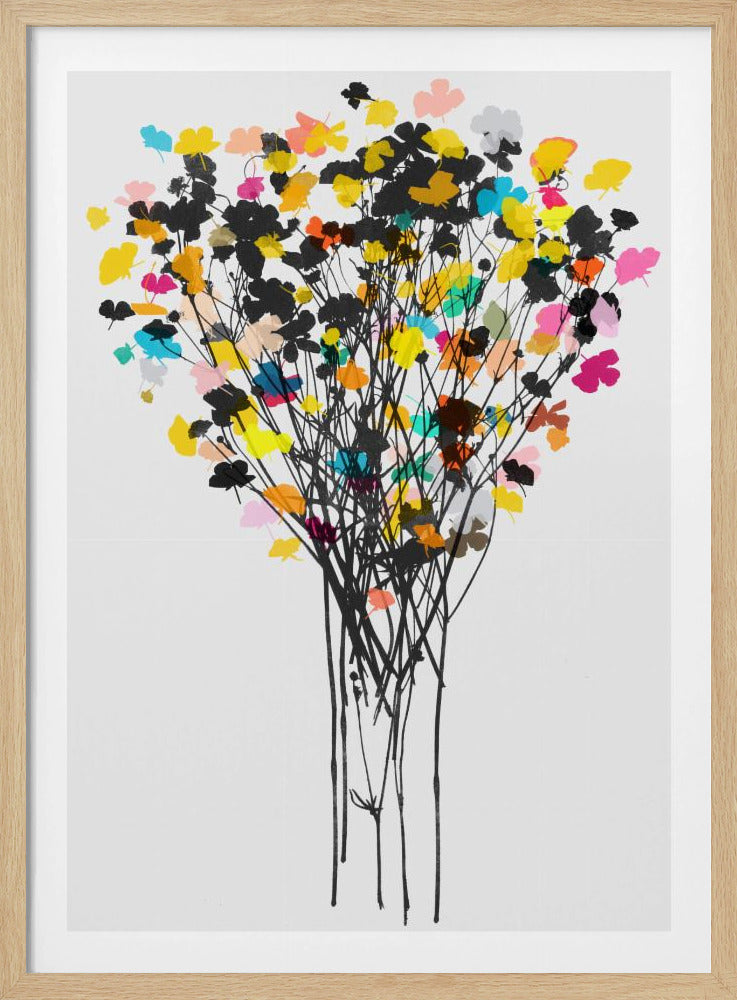 Abstract floral artwork depicting a bouquet with thin, black, inky stems. The blossoms are a mix of solid black silhouettes and vibrant, overlapping splashes of yellow, pink, cyan, and orange, all set against a clean white background and enclosed in a black frame. Print