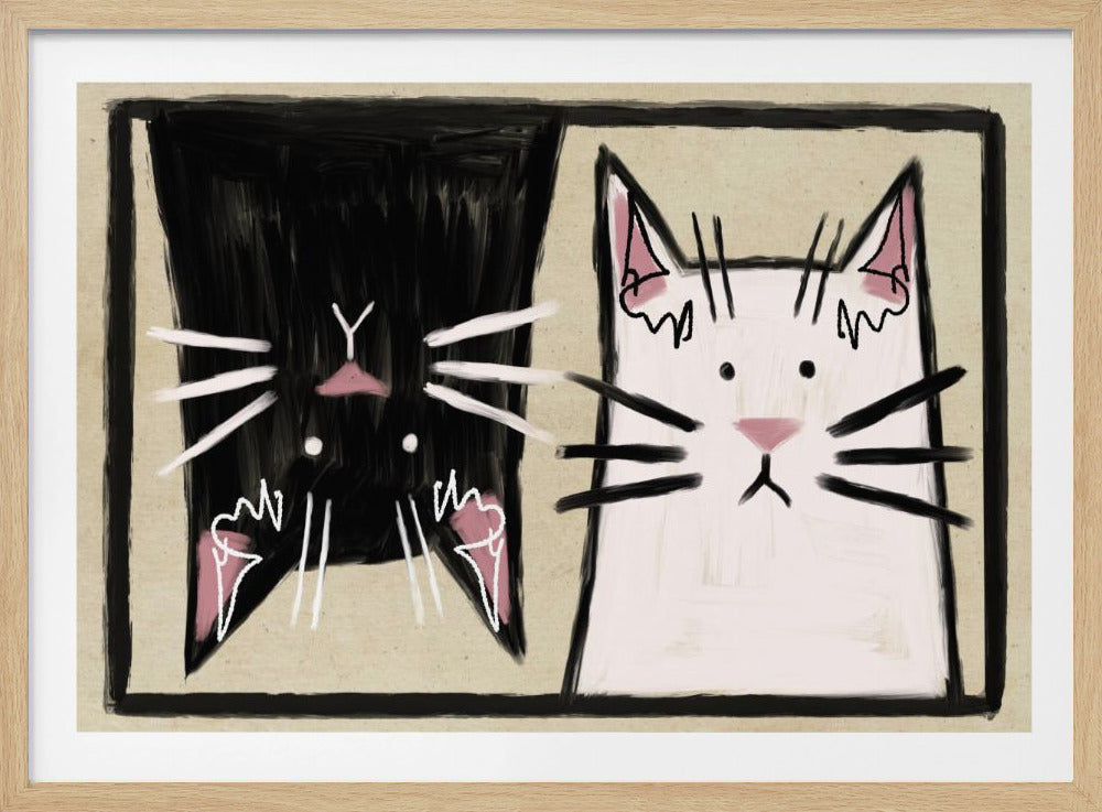 A modern, stylized painting of two cats in a silver frame. On the left, a black cat is shown upside down against a black background. On the right, a white cat is shown right-side up against a light beige background. The composition creates a yin-yang effect. Poster