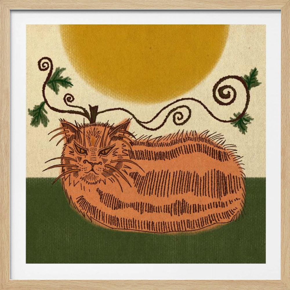 A stylized illustration of a grumpy-faced, fluffy orange cat whose body is shaped like a pumpkin. A vine with green leaves and curly tendrils grows from a stem on its head. The cat-pumpkin rests on a green surface under a large yellow sun against a cream-colored, textured background. The art is in a light wood frame. Decor