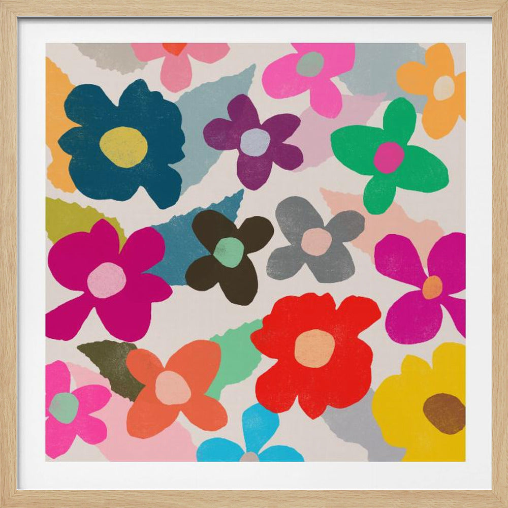 A framed artwork featuring a vibrant, abstract pattern of stylized flowers in a variety of bright colors like magenta, blue, red, and yellow, set against an off-white background. Print