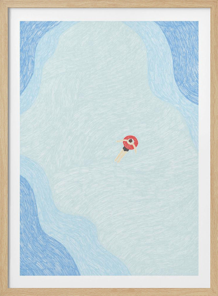An overhead illustration of a person in a red inner tube floating in a body of light blue water. The artwork has a textured, hand-drawn style with darker blue waves and is set within a simple black frame. Decor