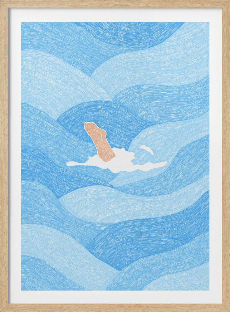 A stylized illustration of a person's foot kicking out of wavy blue water. The water is rendered with textured blue lines in various shades, creating a sense of rolling waves. The foot creates a small white splash around it, contrasting with the blue expanse. Decor