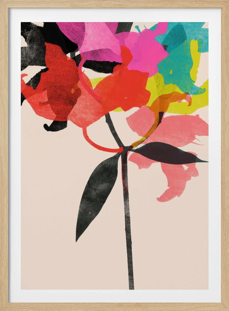 A modern abstract art piece featuring a stylized flower with vibrant, overlapping petals in shades of pink, red, orange, yellow, and turquoise. The stem and leaves are depicted in bold, textured black against a pale cream background, enclosed within a black frame. Print