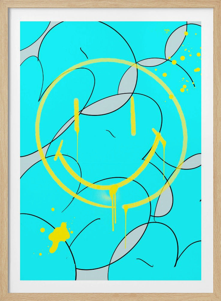 A vibrant street art style poster featuring a large, yellow graffiti smiley face with paint drips on a bright turquoise background. Abstract grey shapes and black lines create a dynamic, layered pattern behind the central smiley. Wall Art