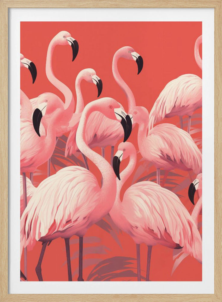 A vibrant, stylized art print featuring a dense flock of pink flamingos with black-tipped beaks against a solid coral background, framed in black. Artwork