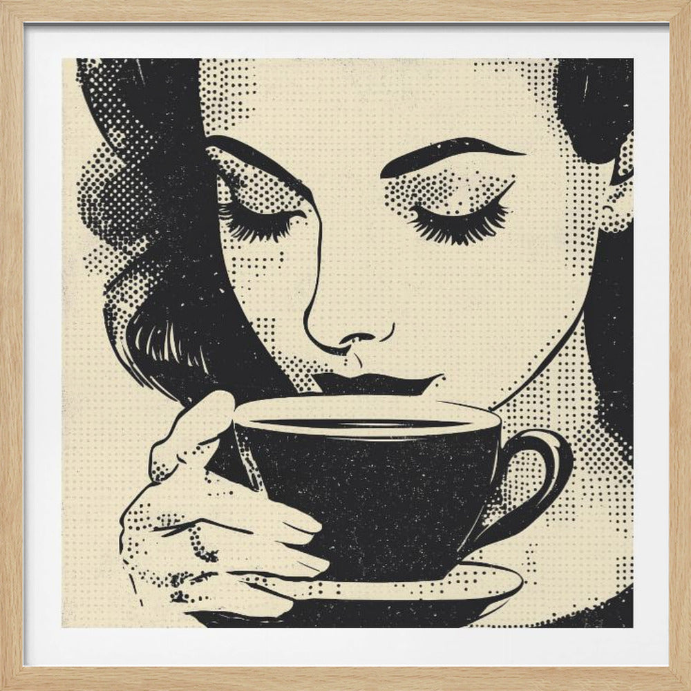 A pop art style illustration of a woman with dark hair and long eyelashes, her eyes closed as she holds a black coffee cup and saucer. The image uses a halftone dot pattern common in retro comics, set against a cream-colored background and framed in light wood. Print