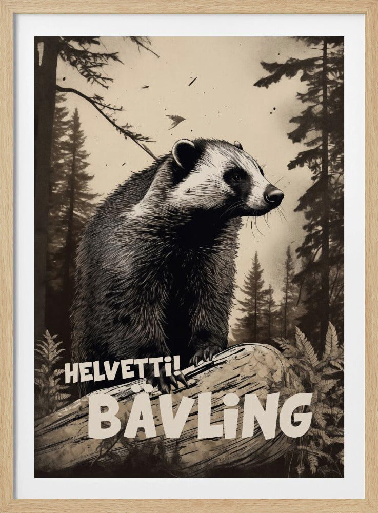 A vintage-style poster in black, white, and sepia tones featuring a detailed illustration of a badger in a forest. The badger is standing on its hind legs with its front paws resting on a fallen log, looking off to the right. In the foreground, the words 'HELVETTI!' and 'BÄVLING' are printed in a bold, stylized font across the log. The background depicts a dense forest of pine trees, and the entire artwork is enclosed in a thin black frame. Poster