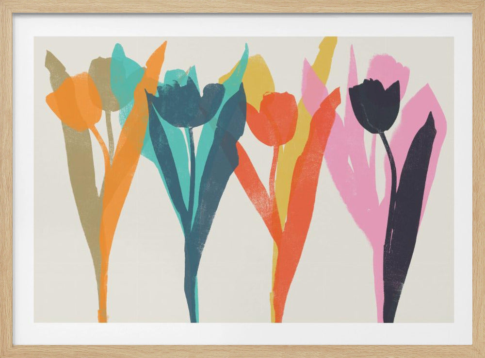 A modern art print of colorful, overlapping tulip silhouettes against an off-white background, framed in silver. The flowers are in vibrant shades of orange, teal, yellow, pink, and dark blue, creating a layered, graphic effect. Poster