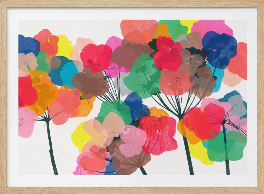 A vibrant abstract illustration of colorful, overlapping flower blossoms in shades of red, pink, blue, yellow, and green. The translucent flowers are clustered on thin black stems against a white background, framed in silver. Wall Art