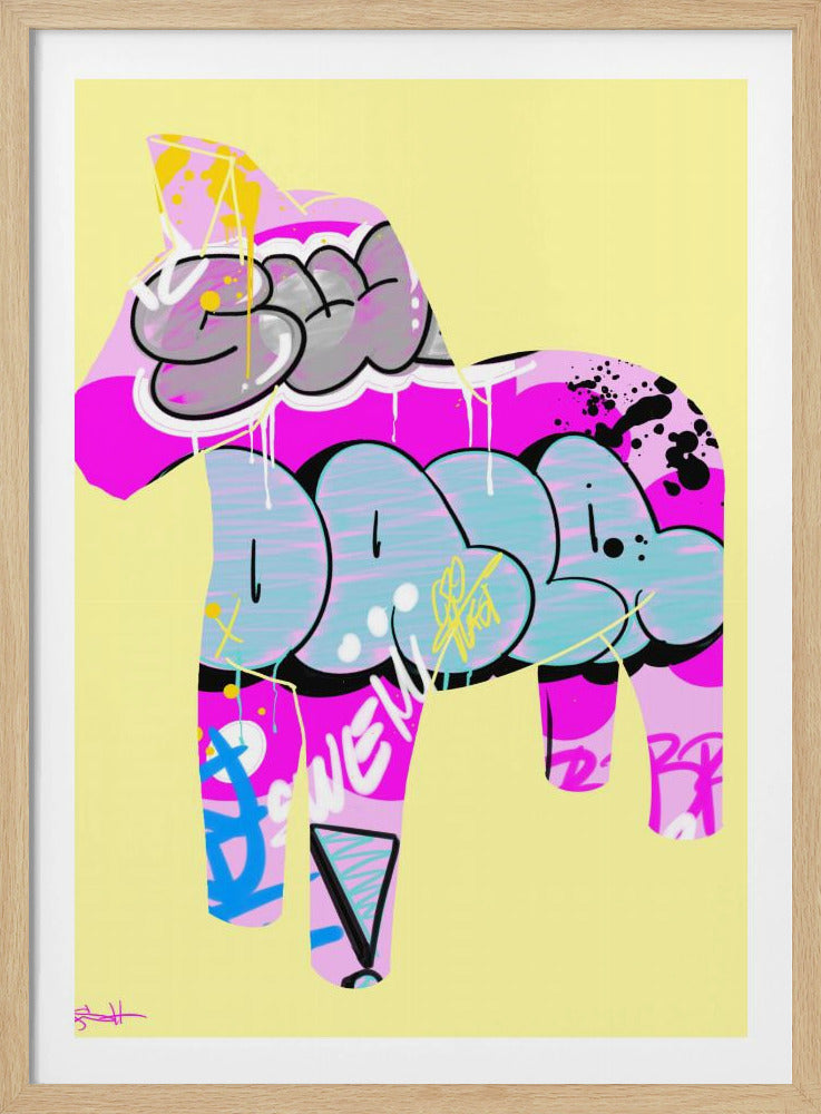 A modern art piece featuring a Dala horse silhouette filled with vibrant graffiti. The horse is primarily pink with light blue and grey bubble letters, accented with yellow and white paint drips, all set against a solid pale yellow background and framed in black. Wall Art