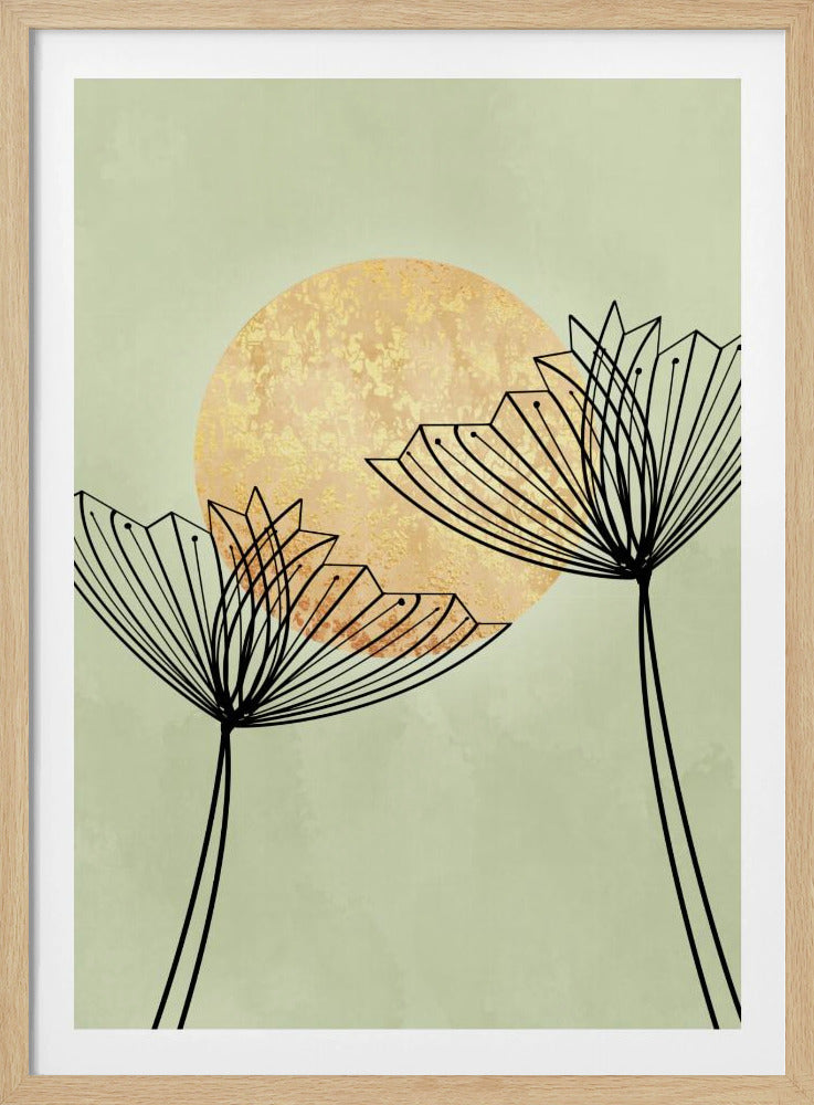 A minimalist botanical artwork featuring two stylized black line-art flowers against a pale sage green background. Behind the flowers is a large, textured golden sun, creating a serene and modern composition. Decor